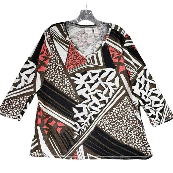 Weekend By Chicos Shirt Womens Size 3 US XL Geometric Black Stretch Pullover - Picture 2 of 10